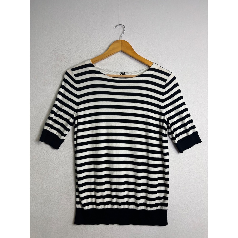 Parisian Nautical Talbots Women Medium White Black Striped Keyhole Knit Top